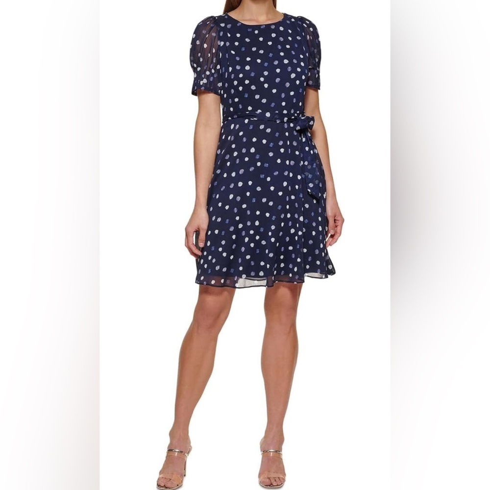 DKNY -Women’s blue Short Sleeve Puff Sleeve Tie Waist Dress size
 4